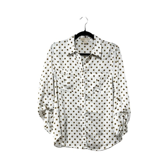 MICHAEL MICHAEL KORS Logo Polka Dot Satin White Button Down Sz 10 - Picture 2 of 5